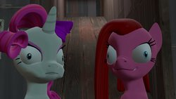 Size: 1280x720 | Tagged: safe, artist:impregnius, pinkie pie, rarity, elements of insanity, g4, 3d, corrupted, gmod, pinkis cupcake, puffy cheeks, rarifruit, soap
