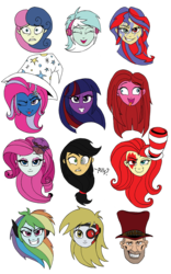 Size: 1251x2000 | Tagged: safe, artist:godforoth, artist:tishadster, applejack, bon bon, derpy hooves, fluttershy, lyra heartstrings, pinkie pie, rainbow dash, rarity, sunset shimmer, sweetie drops, trixie, twilight sparkle, oc, oc:shadow rush, elements of insanity, equestria girls, g4, :3, :p, applepills, beautiful, brutalight sparcake, bust, corrupted, derpigun, determined, evil smile, fluttershout, general hat, grin, happy, head only, heterochromia, long hair, magic mare, painset shimmercakes, pinkis cupcake, rainbine, rainbine ears, rarifruit, silly, simple background, smiling, smirk, surprised, tongue out, transparent background