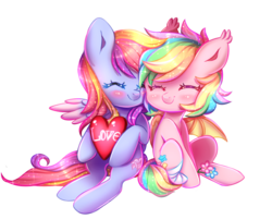 Size: 800x642 | Tagged: safe, artist:cabbage-arts, oc, oc only, oc:glittering cloud, oc:paper stars, bat pony, pegasus, pony, amputee, bandage, commission, duo, eyes closed, female, flower, heart, mare, missing limb, simple background, stump, transparent background, ych result