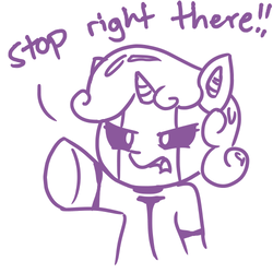Size: 500x500 | Tagged: source needed, safe, artist:ijustloveit619, sweetie belle, pony, robot, robot pony, unicorn, g4, angry, belle, dialogue, exclamation point, female, filly, foal, hooves, horn, monochrome, open mouth, pointing, shout, simple background, solo, sweetie bot, white background, yelling