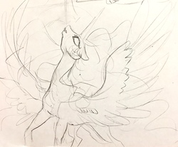 Size: 1280x1059 | Tagged: safe, artist:candasaurus, princess celestia, pony, g4, eyes closed, female, sketch, solo, spread wings, traditional art, wings