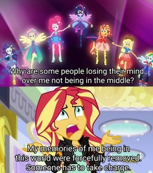 Size: 1803x2048 | Tagged: safe, edit, edited screencap, screencap, applejack, fluttershy, pinkie pie, rainbow dash, rarity, sci-twi, sunset shimmer, twilight sparkle, equestria girls, equestria girls series, forgotten friendship, g4, mirror magic, spoiler:eqg specials, clothes, female, humane five, humane seven, humane six, mouthpiece, outfit, ponied up, upset