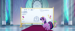 Size: 1920x804 | Tagged: safe, screencap, spike, twilight sparkle, alicorn, dragon, pony, g4, my little pony: the movie, butt, canterlot castle, carpet, crown, door, jewelry, plot, raised hoof, regalia, stained glass, sunlight, twilight sparkle (alicorn), whiteboard