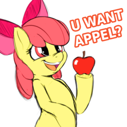 Size: 900x900 | Tagged: dead source, safe, artist:spectre-z, apple bloom, earth pony, pony, g4, adorabloom, apple, bow, cute, dialogue, female, filly, food, grammar error, hair bow, hoof hold, open mouth, simple background, solo, white background