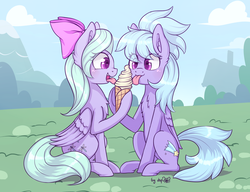 Size: 3120x2400 | Tagged: safe, artist:dsp2003, cloudchaser, flitter, pegasus, pony, g4, :3, backwards cutie mark, chest fluff, commission, duo, ear fluff, eating, female, food, high res, hoof hold, ice cream, licking, mare, mlem, open mouth, sharing, silly, tongue out
