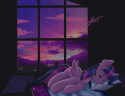 Size: 3000x2300 | Tagged: safe, artist:xjenn9, twilight sparkle, alicorn, pony, g4, adorkable, bed, book, cloud, cute, cyrillic, dork, female, high res, mare, pillow, russian, sky, sleeping, smiling, solo, sweet dreams fuel, twiabetes, twilight (astronomy), twilight sparkle (alicorn), window