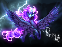 Size: 2512x1924 | Tagged: safe, artist:not-ordinary-pony, pony, g4, my little pony: the movie, cloud, curved horn, fangs, female, flying, fusion, glowing eyes, glowing horn, horn, implied princess luna, implied tempest shadow, lightning, mare, scar