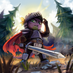 Size: 2000x2000 | Tagged: safe, artist:inowiseei, spike, dragon, g4, armor, belt, cape, clothes, fantasy class, forest, helmet, high res, knight, male, solo, spike the brave and glorious, sword, tree, warrior, weapon