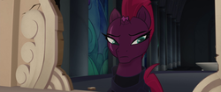 Size: 1920x804 | Tagged: safe, screencap, tempest shadow, pony, unicorn, g4, my little pony: the movie, armor, balcony, beautiful, broken horn, canterlot castle, cracked horn, doubt, eye scar, female, frown, horn, impatient, lidded eyes, looking down, mare, mohawk, scar, solo, stained glass, uncertain