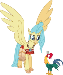 Size: 1000x1189 | Tagged: safe, artist:cloudy glow, princess skystar, bird, chicken, classical hippogriff, hippogriff, g4, my little pony: the movie, clothes, clothes swap, cosplay, costume, disney, female, freckles, hei hei the rooster, heihei, moana, rooster, simple background, transparent background