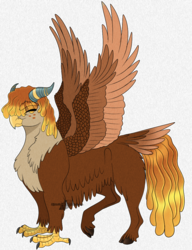 Size: 855x1112 | Tagged: safe, artist:bijutsuyoukai, oc, oc only, half-griffon, half-yak, hybrid, cloven hooves, interspecies offspring, offspring, parent:gilda, parent:prince rutherford, raised leg, solo