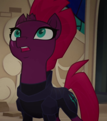Size: 708x803 | Tagged: safe, screencap, tempest shadow, pony, unicorn, g4, my little pony: the movie, armor, broken horn, clothes, cropped, eye scar, female, horn, looking up, mare, open mouth, scar, solo