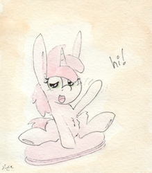 Size: 679x775 | Tagged: safe, artist:slightlyshade, ruby pinch, pony, unicorn, g4, dialogue, female, filly, food, looking at you, macaron, open mouth, sitting, solo, traditional art, underhoof, watercolor painting, waving