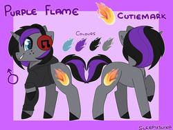 Size: 1024x768 | Tagged: safe, artist:sleepysuika, oc, oc:purple flame, pony, unicorn, clothes, headphones, hoodie, male, reference sheet, smiling, stallion