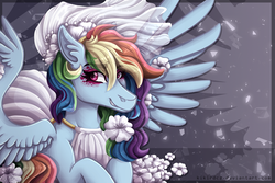 Size: 1500x1000 | Tagged: safe, artist:monnarcha, rainbow dash, pegasus, pony, g4, clothes, dress, female, mare, smiling, solo, wedding dress