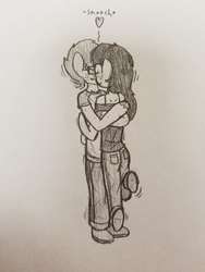 Size: 3024x4032 | Tagged: safe, artist:binary6, oc, oc only, oc:happy wigglesworth, oc:kimoshy, unicorn, anthro, clothes, cute, female, freckles, girlfriend, happy, hug, jeans, kissing, male, monochrome, nuzzling, pants, shipping, shirt, simple background, size difference, smooch, straight, traditional art