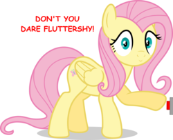 Size: 1000x812 | Tagged: safe, artist:forgalorga, edit, fluttershy, pegasus, pony, g4, everything is ruined, female, fluttertroll, hilarious in hindsight, looking at you, pure unfiltered evil, red button, red text, simple background, small mouth, smiling, smug, this will end in explosions, this will not end well, white background