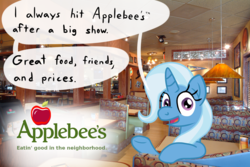 Size: 1280x857 | Tagged: safe, artist:solarfm, trixie, pony, unicorn, g4, applebee's, female, irl, leaning, mare, photo, ponies in real life, solo, speech bubble, trademark