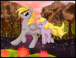 Size: 1024x776 | Tagged: safe, artist:black-namer, derpy hooves, dinky hooves, firefly (insect), g4, blank flank, cute, equestria's best daughter, equestria's best mother, eyepatch, eyes closed, female, like mother like daughter, like parent like child, mother and daughter, pronking