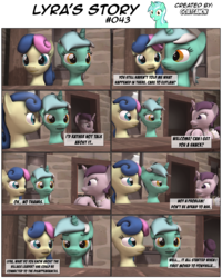 Size: 3929x4908 | Tagged: safe, artist:goatcanon, bon bon, lyra heartstrings, sugar belle, sweetie drops, comic:lyra's story, g4, 3d, comic, dialogue, equal cutie mark, our town, starlight's village, text