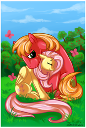 Size: 608x900 | Tagged: safe, artist:black-namer, big macintosh, fluttershy, butterfly, g4, cuddling, eyes closed, female, male, missing accessory, ship:fluttermac, shipping, straight