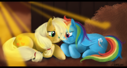 Size: 1280x679 | Tagged: safe, artist:black-namer, applejack, rainbow dash, g4, artifact, crepuscular rays, crying, duo, hatless, missing accessory, prone