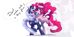 Size: 8000x4000 | Tagged: safe, artist:wilvarin-liadon, pinkie pie, oc, oc:silverlay, earth pony, original species, pony, umbra pony, unicorn, g4, absurd resolution, backbend, blushing, boop, cheek squish, cute, female, holding head, looking at each other, mare, noseboop, personal space invasion, smiling, speech, squishy cheeks, zoom layer
