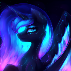 Size: 1000x1000 | Tagged: safe, artist:nutellaakanutella, princess luna, alicorn, pony, bust, color porn, constellation, eyestrain warning, female, glowing mane, looking at you, mare, portrait, smiling, solo