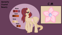 Size: 1600x921 | Tagged: safe, artist:rose-moonlightowo, oc, oc only, oc:serenity crystal beauty, hybrid, female, interspecies offspring, offspring, parent:capper dapperpaws, parent:rarity, parents:capperity, reference sheet, solo