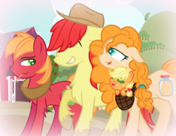 Size: 1027x792 | Tagged: safe, artist:flamingflare123, applejack, big macintosh, bright mac, pear butter, g4, babyjack, base used, colt, female, foal, male, ship:brightbutter, shipping, straight, straw in mouth, sweet apple acres, younger