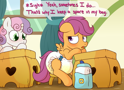 Size: 2200x1600 | Tagged: safe, artist:fillyscoots42, scootaloo, sweetie belle, pegasus, pony, unicorn, g4, accident, blushing, classroom, crinkleloo, cute, cutealoo, desk, diaper, diaper fetish, diaper usage, diaperloo, embarrassed, female, fetish, filly, foal, incontinence, indoors, mare, non-baby in diaper, pissing, ponyville schoolhouse, poofy diaper, room, school, soaked diaper, stool, urine, used diaper, using diaper, wet diaper, wetting diaper