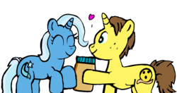 Size: 1664x878 | Tagged: safe, artist:grapefruitface1, trixie, oc, oc:grapefruit face, pony, unicorn, g4, canon x oc, female, food, gift giving, grapexie, hearts and hooves day, holiday, male, peanut butter, self insert, self shipping, shipping, straight, valentine's day