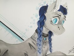 Size: 1024x768 | Tagged: safe, artist:scootiegp, oc, oc only, earth pony, pony, braid, bust, choker, ear piercing, earring, female, jewelry, looking at you, mare, pendant, piercing, portrait, signature, simple background, solo, traditional art