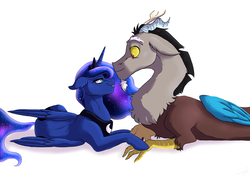 Size: 3100x2200 | Tagged: safe, artist:shimazun, discord, princess luna, alicorn, draconequus, pony, g4, cute, discute, facial hair, female, goatee, high res, looking at each other, male, mare, prone, ship:lunacord, shipping, simple background, smiling, straight, white background