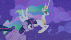 Size: 1600x900 | Tagged: safe, screencap, princess celestia, twilight sparkle, alicorn, pony, g4, horse play, angry, cloud, disappointed, duo, flying, twilight sparkle (alicorn), worried