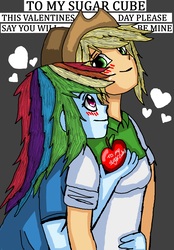 Size: 5000x7190 | Tagged: safe, artist:takrontoxicity, applejack, rainbow dash, equestria girls, g4, absurd resolution, blushing, clothes, cowboy hat, cute, female, hat, heart, holiday, lesbian, multicolored hair, ship:appledash, shipping, shirt, smiling, stetson, valentine's day