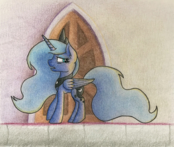 Size: 1000x846 | Tagged: safe, artist:vaser888, princess luna, alicorn, pony, g4, female, folded wings, looking back, profile, solo, traditional art