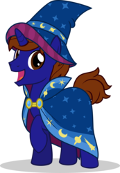 Size: 725x1047 | Tagged: safe, artist:mlp-trailgrazer, oc, oc only, oc:xaldin wolfgang, pony, unicorn, cape, clothes, cute, happy, hat, looking at you, male, open mouth, raised hoof, simple background, smiling, solo, stallion, transparent background, wizard hat, wizard robe