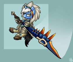 Size: 1200x1024 | Tagged: source needed, safe, artist:sabrib, oc, oc:tinker doo, pony, unicorn, clothes, cosplay, costume, glasses, male, monster hunter, solo, weapon