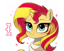 Size: 1000x800 | Tagged: dead source, safe, artist:9seconds, sunset shimmer, pony, unicorn, g4, bust, clothes, cute, female, mare, portrait, scarf, shimmerbetes, simple background, smiling, solo, white background
