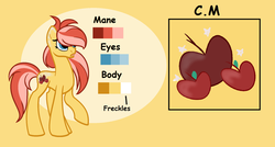 Size: 1600x860 | Tagged: safe, artist:rose-moonlightowo, oc, oc only, oc:mythic lilly, earth pony, pony, female, mare, offspring, parent:applejack, parent:caramel, parents:carajack, reference sheet, solo