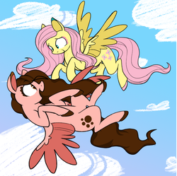 Size: 840x837 | Tagged: safe, artist:selective-yellow, fluttershy, oc, oc:pawprint, pegasus, pony, g4, cloud, female, flying, happy, looking at each other, mare, sky, spread wings, upside down, wings