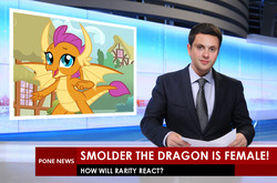 Size: 1200x794 | Tagged: safe, smolder, dragon, human, g4, school daze, season 8, breaking news, clothes, female, headline, irl, news, photo, pone, ponyville, shipping fuel, suit