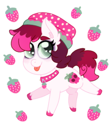 Size: 1300x1468 | Tagged: safe, artist:strawberry-spritz, oc, oc only, oc:spookberry smile, earth pony, pony, beanie, chibi, choker, female, food, hat, simple background, solo, spiked choker, strawberry, tongue out, transparent background