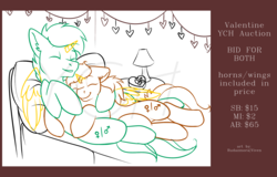 Size: 2500x1600 | Tagged: safe, artist:rudazmora, earth pony, pegasus, pony, unicorn, auction, bed, commission, couple, holiday, hug, love, valentine's day, your character here