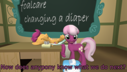 Size: 1920x1080 | Tagged: safe, artist:northern haste, cheerilee, scootaloo, earth pony, pegasus, pony, g4, 3d, butt, chalkboard, dialogue, diaper, diaper change, diaper fetish, diaper package, embarrassed, female, fetish, filly, foal, lying down, mare, non-baby in diaper, on back, open diaper, plot, school, source filmmaker