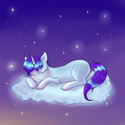 Size: 2000x2000 | Tagged: safe, artist:palaceofchairs, oc, oc only, oc:starline moongazer, pony, unicorn, blushing, cloud, cute, freckles, heterochromia, high res, horn, lying down, lying on a cloud, male, on a cloud, sky, sleeping, smiling, stallion, two toned mane, unicorn oc, ych result