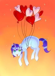 Size: 1543x2160 | Tagged: safe, artist:palaceofchairs, oc, oc only, oc:starline moongazer, pony, unicorn, body freckles, freckles, heart balloon, heterochromia, horn, looking at you, male, simple background, sky, stallion, sunset, tongue out, unicorn oc, ych result