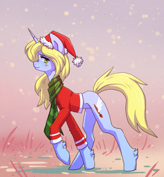 Size: 1681x1813 | Tagged: safe, artist:koviry, oc, oc only, oc:art's desire, pony, unicorn, christmas, clothes, commission, female, hat, holiday, mare, santa hat, scarf, smiling, solo