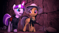 Size: 3840x2160 | Tagged: safe, artist:seriff-pilcrow, daring do, twilight velvet, series:daring did tales of an adventurer's companion, g4, 3d, ak-47, assault rifle, bone, clothes, gun, high res, hood, hoodie, jacket, leather jacket, magic, rifle, scar, skeleton, source filmmaker, story included, tunnel, vase, walking, weapon, zastava m70